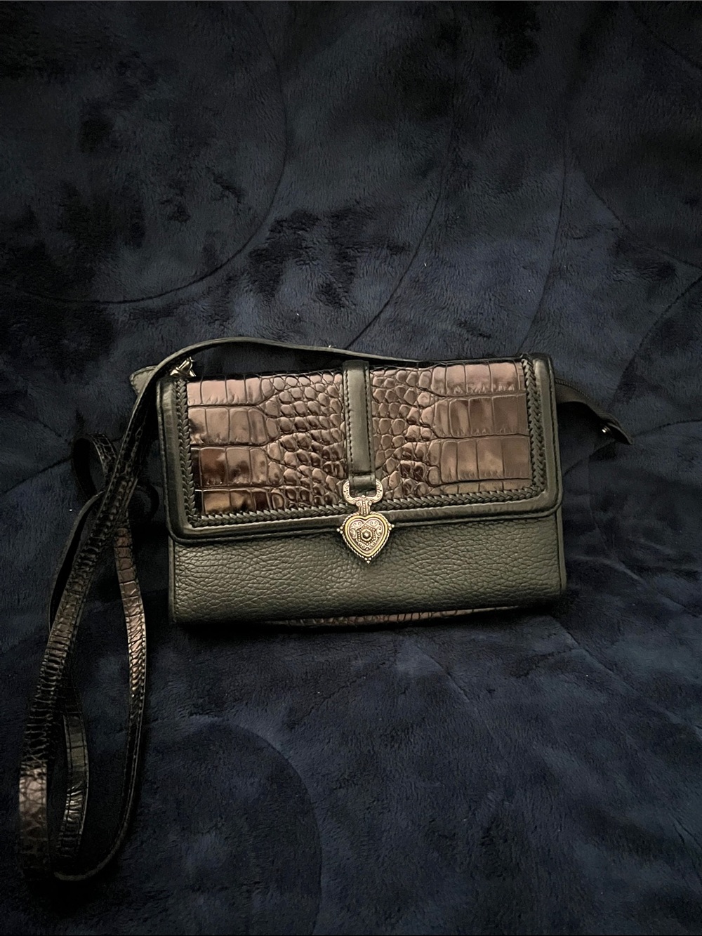 Brighton Purple/Black Croc-Texture Crossbody with Heart Charm